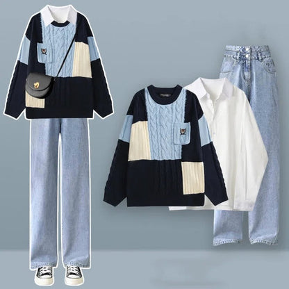 Cross Knit Sweater Shirt High Waist Pants Three Piece Set – Youeni