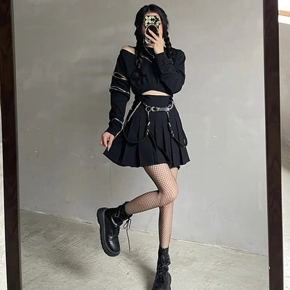 Gothic Zipper Crop Sweatshirt and Pleated Skirt Set - Street Fashion