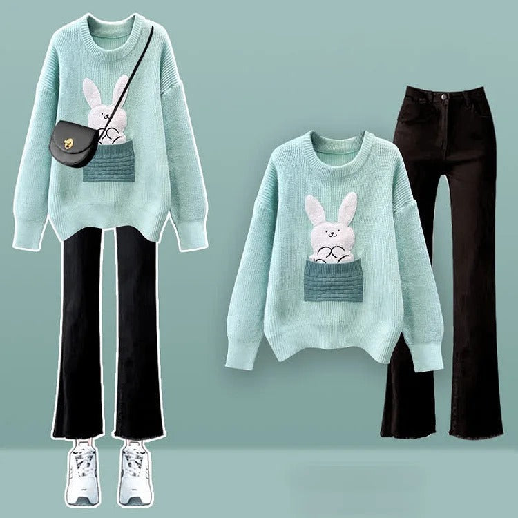Cartoon Bunny Embroidery Knit Sweater Casual Pants Two Piece Set