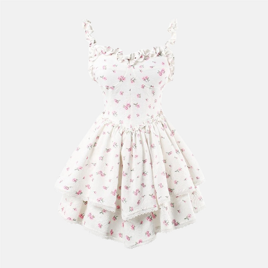 Enchanting French Vintage Floral High-Waisted Mini Dress