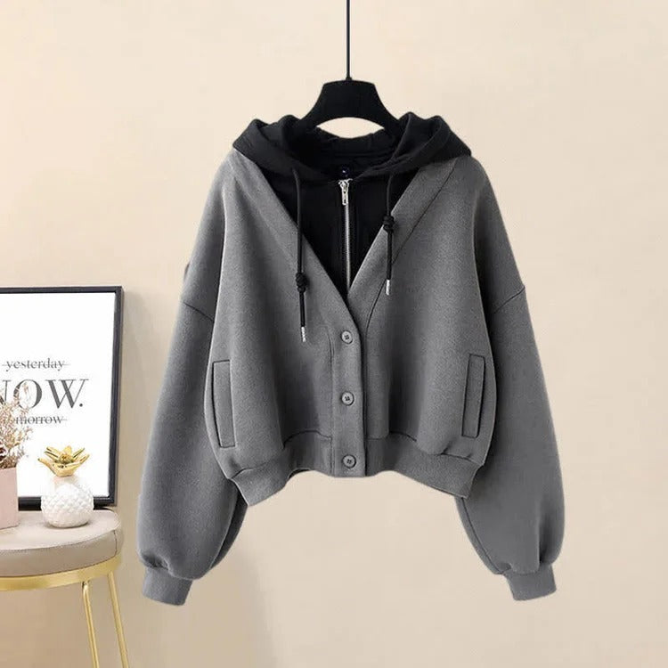 Stay Cozy and Chic: Preppy Pockets Hoodie Coat with Irregular Slip Dress