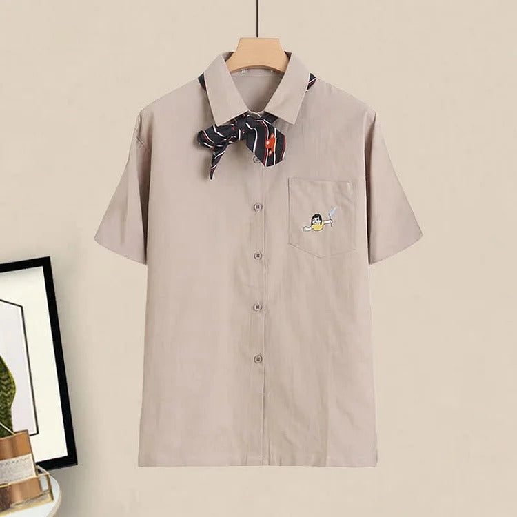 Chic Pocket Lapel Tie Shirt and Denim Overall Dress Set