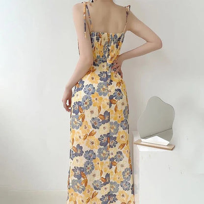 Romantic Vintage Oil Painting Floral Print Lace Up Split Slip Dress