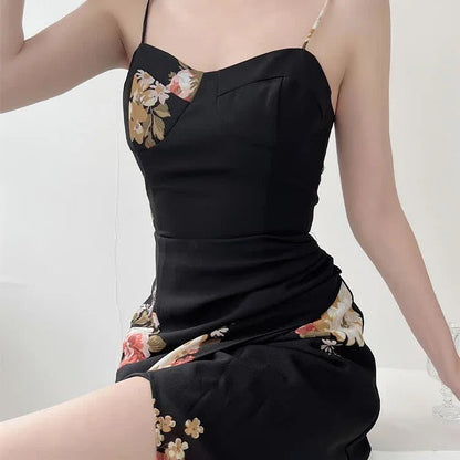 Captivating Vintage Floral Print Lace Up Split Slip Dress