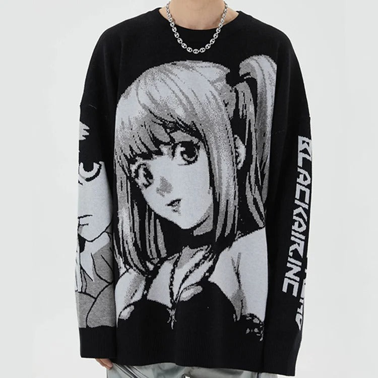 Chic Anime Girl Letter Print Knit Sweater - Casual Fashion