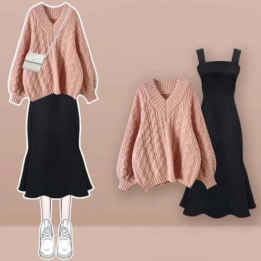 Vintage V-Neck Cable Sweater Fishtail Slip Dress Two Piece Set