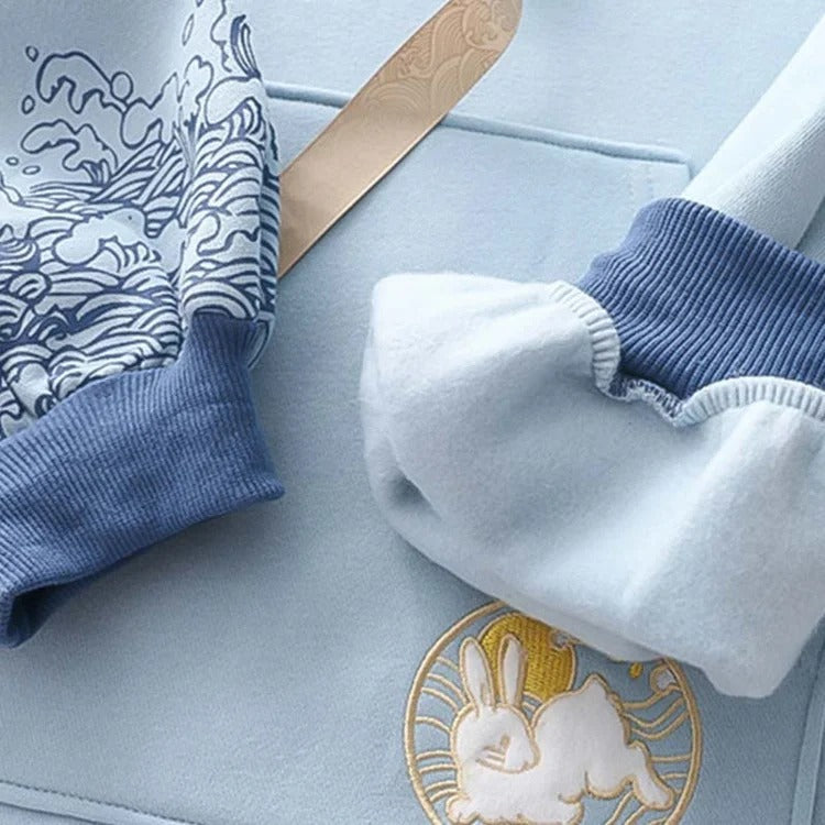 Harajuku Rabbit Hoodie - Embroidery and Wave Print Design