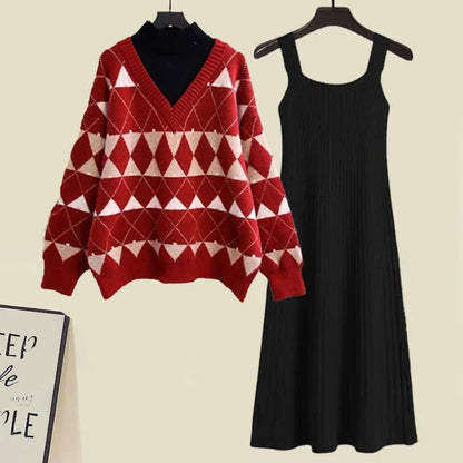Vintage Vibes: Rhombus Plaid Sweater Dress Set