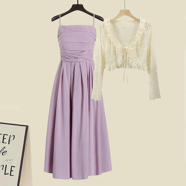 Vintage Charm: Long Sleeve Lace Cardigan and Ruffled Slip Dress