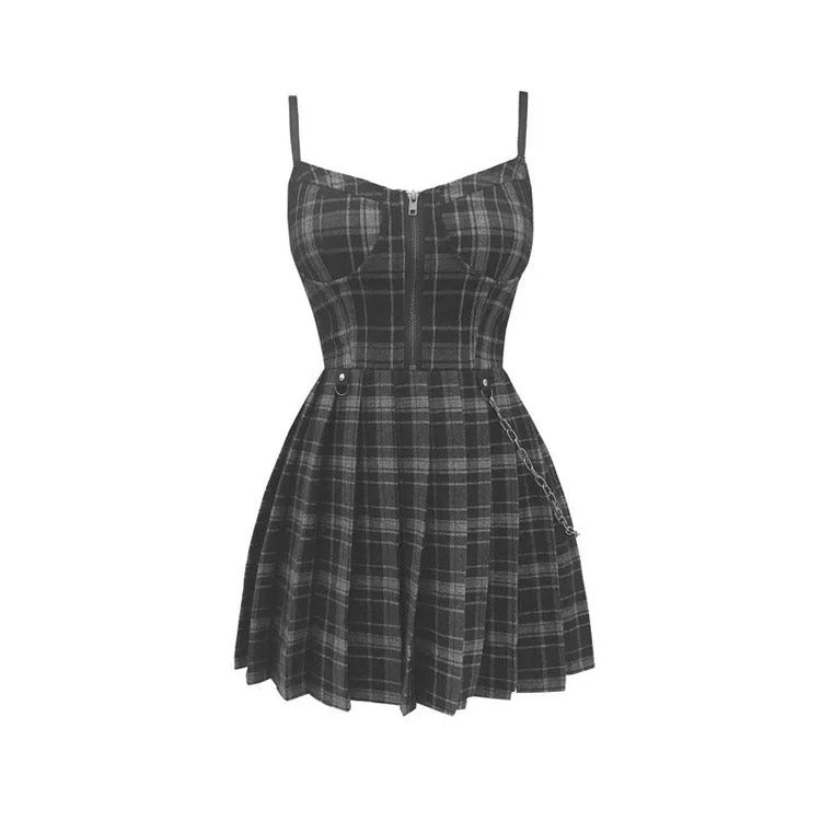 Edgy Plaid Zipper Chain Pleated Slip Dress