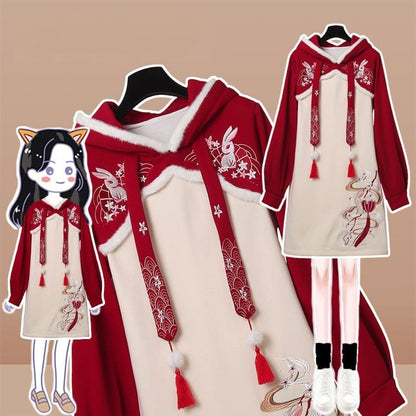 Vintage Sakura Bunny Tasel Embroidery Hoodie Sweatshirt Dress