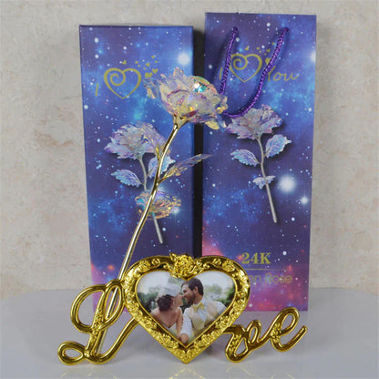 24k Gold Plated "Galaxy" Rose Picture Frame with "Love You For Life" Engraving and Heart Stand