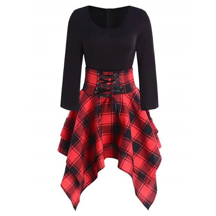 Chic Plaid Lace-Up Dress: Effortless Elegance in a Vibrant Print
