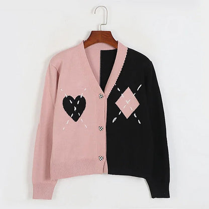 Chic Colorblock Heart Argyle Pattern Knit Cardigan Sweater