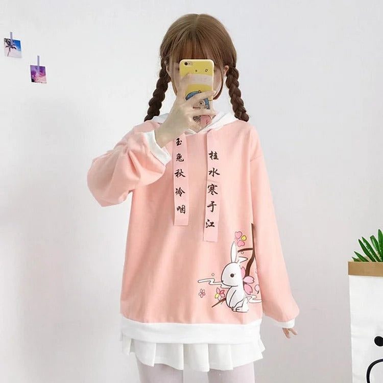 Sakura Bunny Bliss: Cartoon Rabbit Letter Drawstring Hoodie - Embrace the Charm of Pink Petals! 🌸🐰