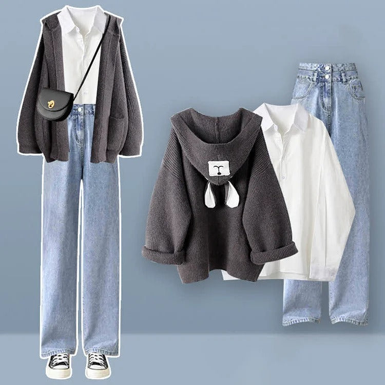 Kawaii Hooded Bear Ears Cardigan Sweater Shirt Denim Pants Three Piece Set