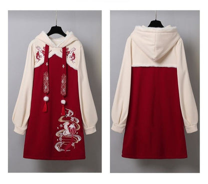 Vintage Sakura Bunny Tasel Embroidery Hoodie Sweatshirt Dress