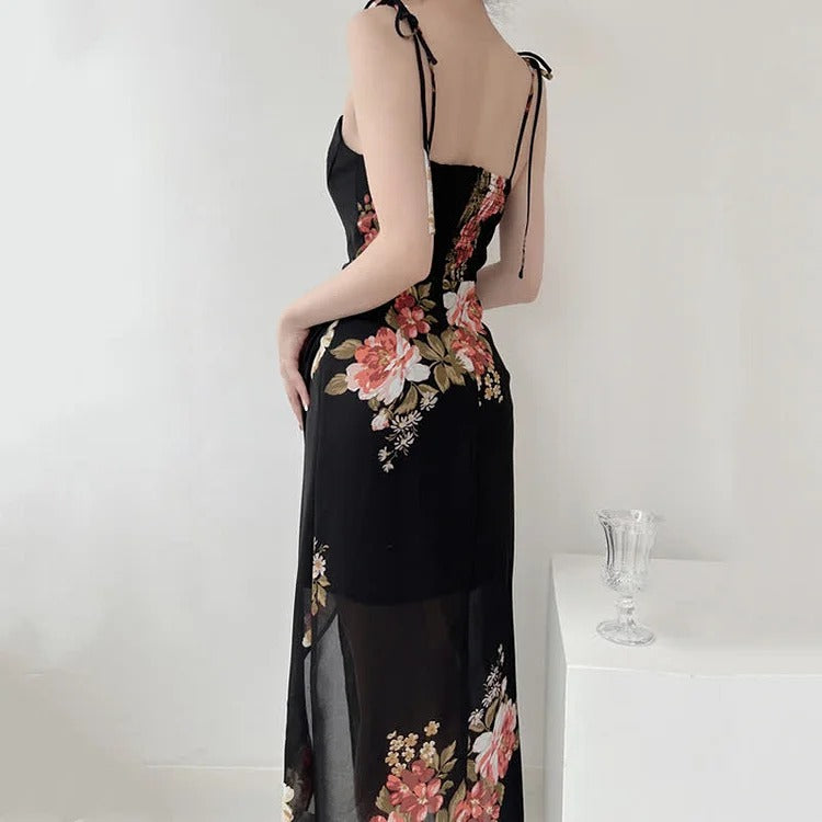 Captivating Vintage Floral Print Lace Up Split Slip Dress