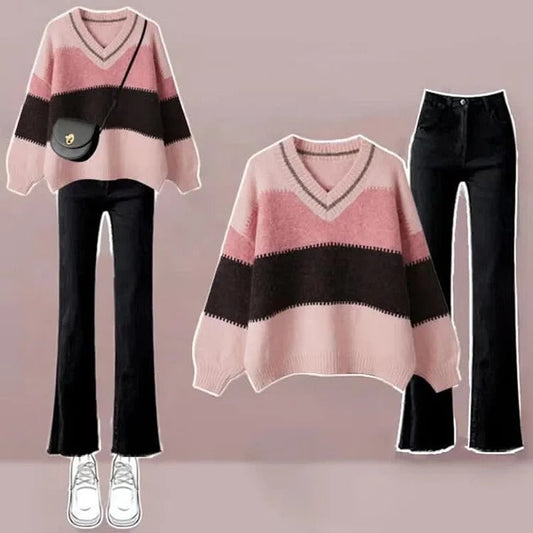 Vintage Colorblock Striped Sweater Casual Pants Two Piece Set