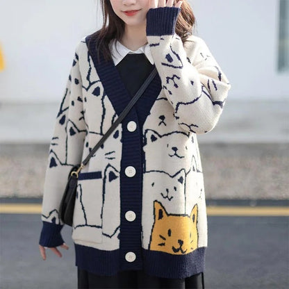 Harajuku Cartoon Cat Cardigan Sweater - Purr-fectly Adorable Fashion Statement! 😻🧥