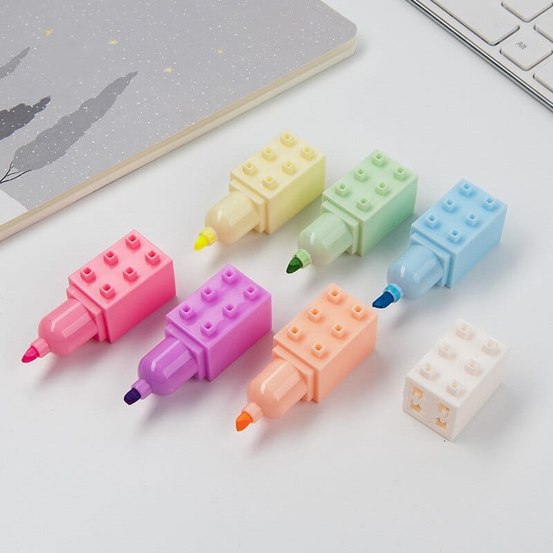 6pcs Pastel Color Building Block Highlighter Pen Set