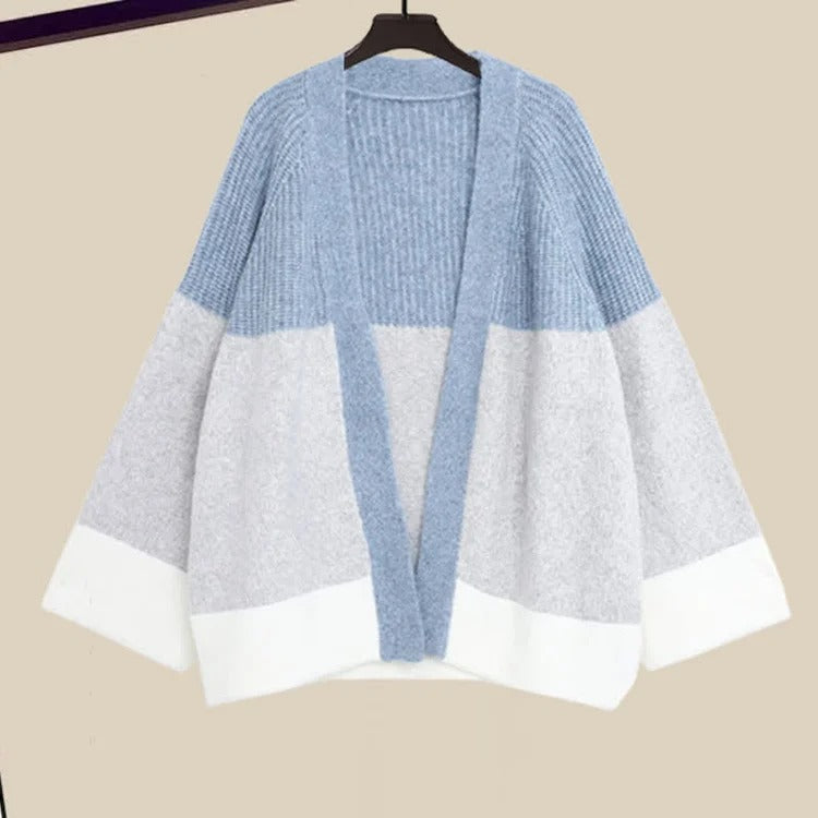 Colorblock Cardigan Sweater Shirt Casual Pants Three Piece Set