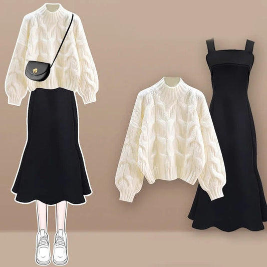 Vivid Elegance: Chic White Knit Sweater Dress Set