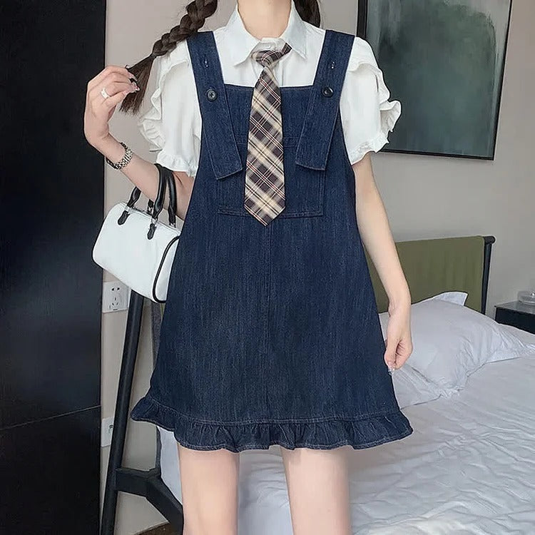 Chic Pocket Lapel Tie Shirt and Denim Overall Dress Set