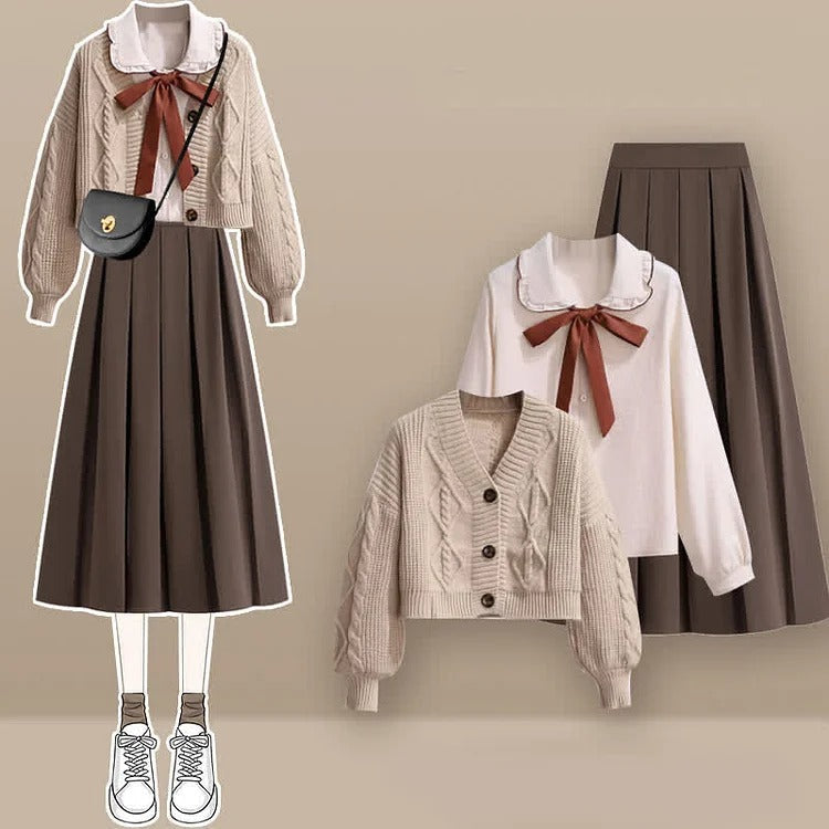 JK V-Neck Cardigan Sweater Bow Tie Shirt Pleated Skirt Three Piece Set