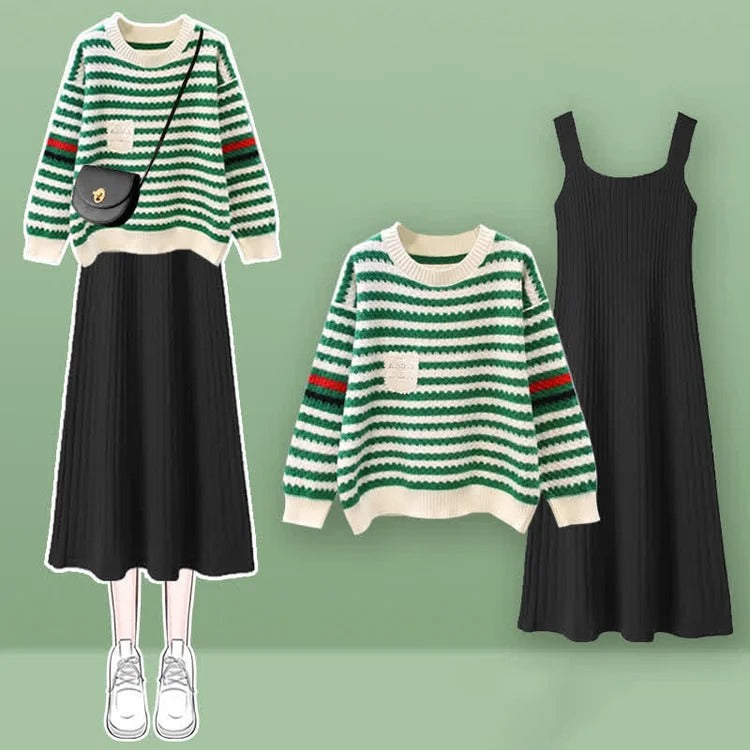 Striped Pocket Colorblock Knit Sweater Slip Dress Two Piece Set