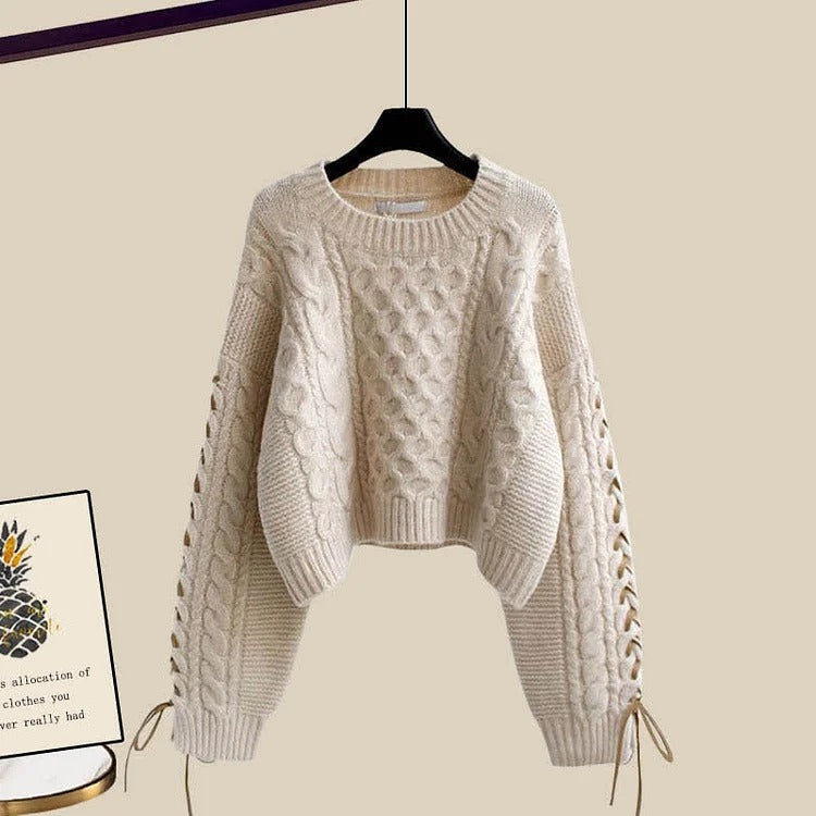 Vintage Lace Up Cable Sweater Knit Slip Dress Two Piece Set