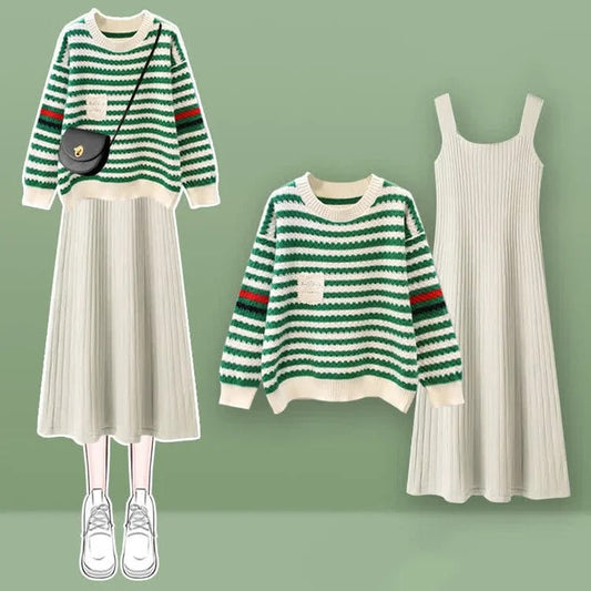 Chic Striped Pocket Knit Sweater Dress Set