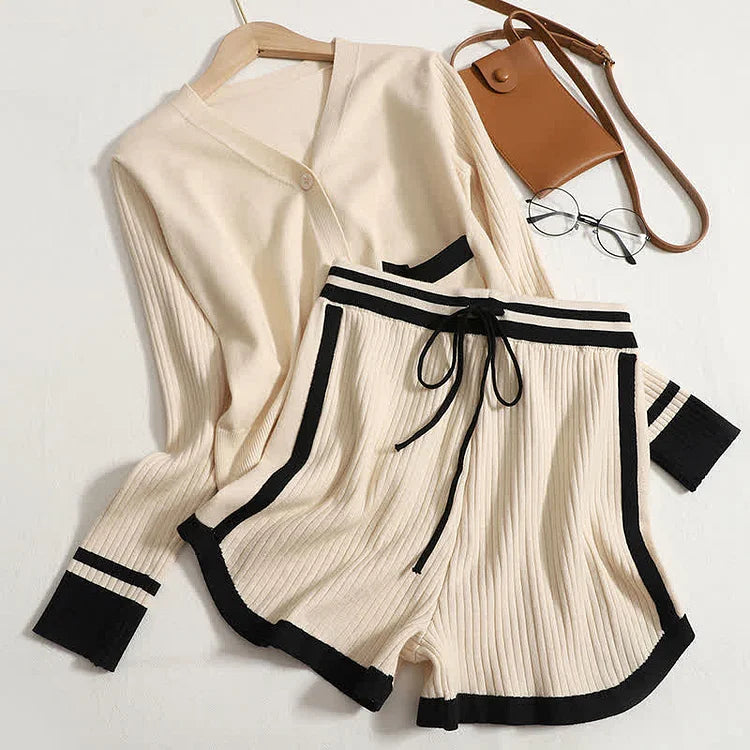 Colorblock V-Neck Knit Sweater High Waist Shorts Two Piece Set