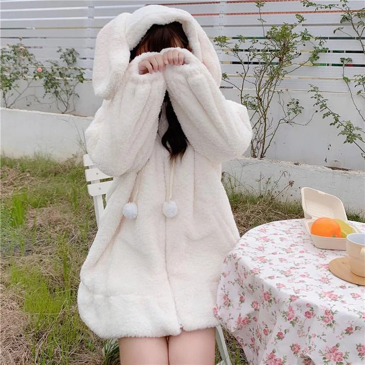 Kawaii Fluffy Bunny Ears Hoodie Coat: Cute Rabbit Fashion Statement
