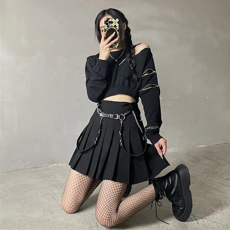 Gothic Zipper Crop Sweatshirt and Pleated Skirt Set Street