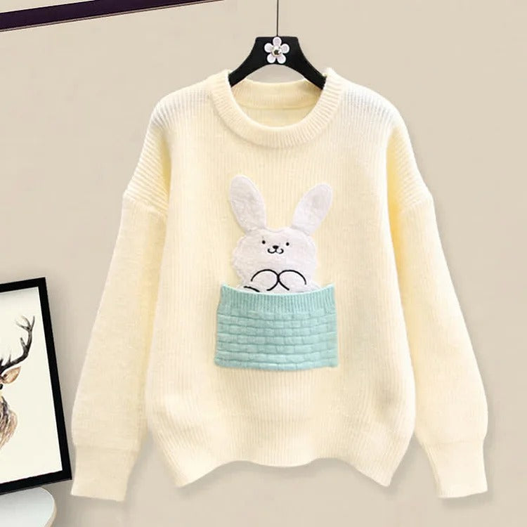 Cartoon Bunny Embroidery Knit Sweater Casual Pants Two Piece Set