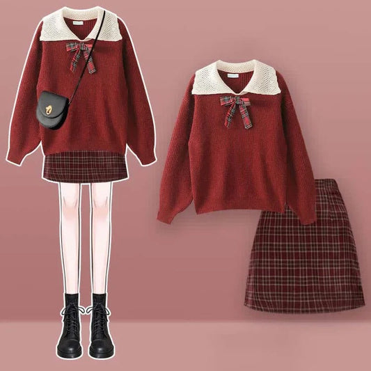 Fashion-Forward Uniform Sweater & Plaid Skirt Set" - Style and Comfort, All in One! 👚🎀👗