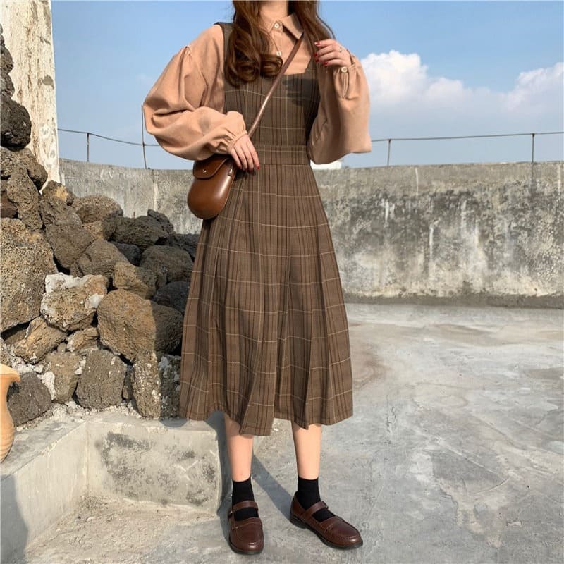 Charming Vintage Plaid Pleated Dress with Shirt Straps