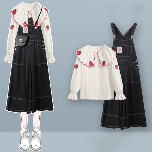 Charming Strawberry Patterns: Preppy Shirt Denim Overall Dress Two Piece Set