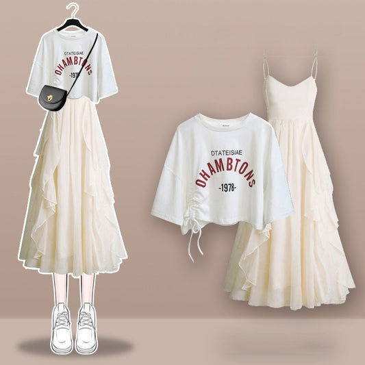 Versatile Long Slip Dress and Vintage T-Shirt Combo