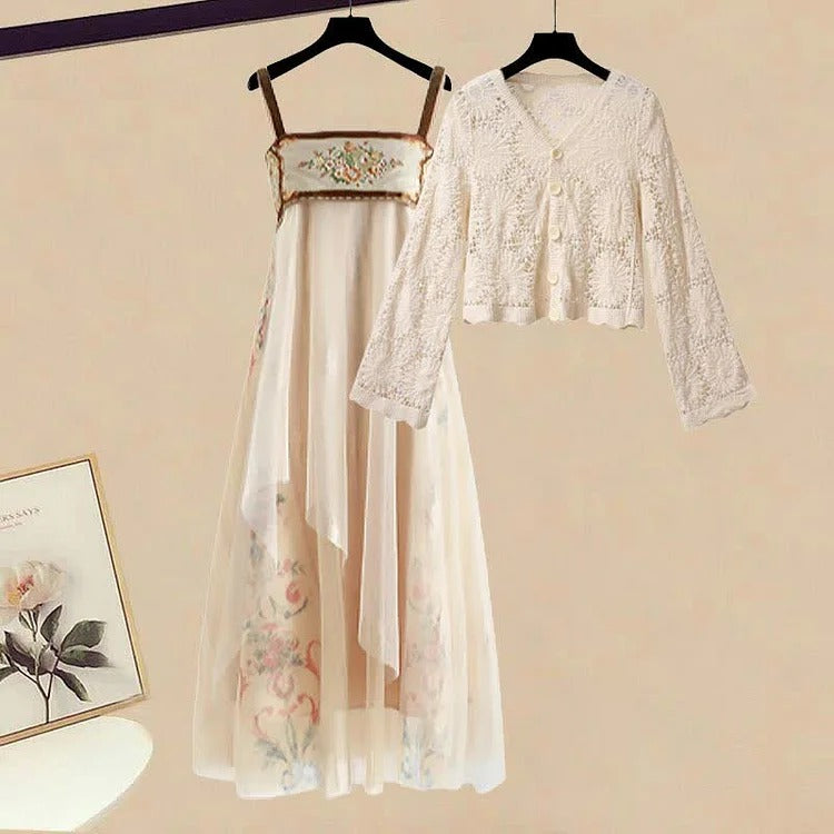 Elegant Crochet V-Neck Cardigan and Vintage Floral Slip Dress Set