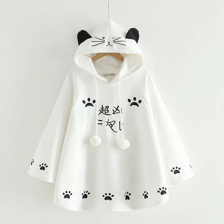 Cozy Elegance: Harajuku Cartoon Kitty Cat Paw Print Plush Hoodie - A Purr-fect Blend of Cute and Comfort! 🐾👚
