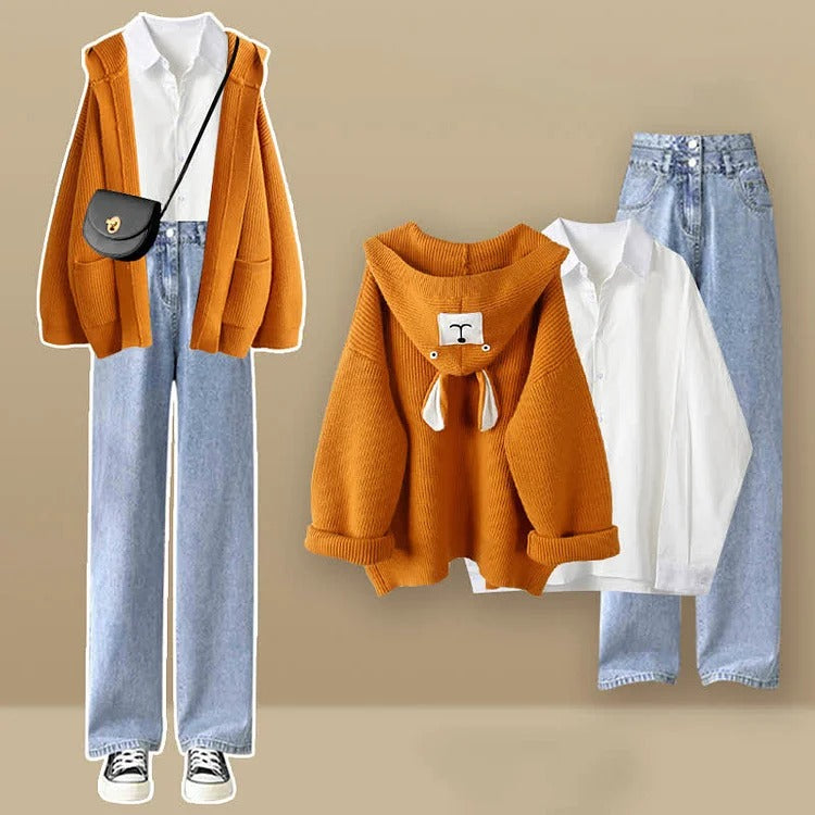 Kawaii Hooded Bear Ears Cardigan Sweater Shirt Denim Pants Three Piece Set