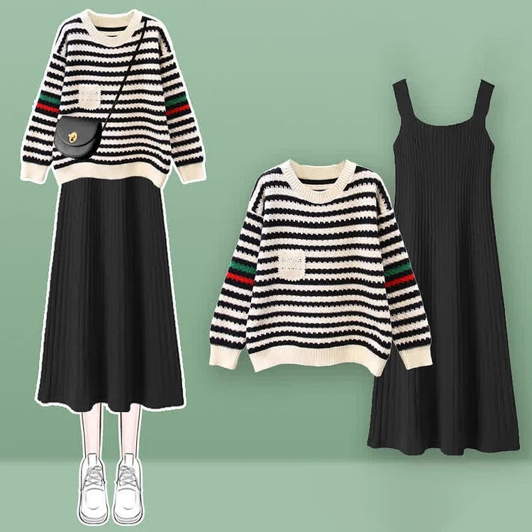 Striped Pocket Colorblock Knit Sweater Slip Dress Two Piece Set