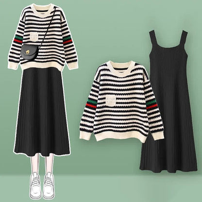 Striped Pocket Colorblock Knit Sweater Slip Dress Two Piece Set