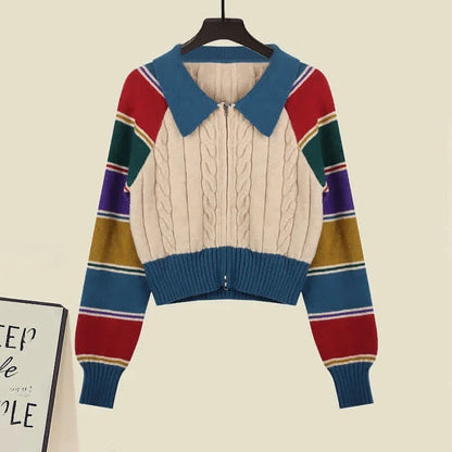 Preppy Colorblock Striped Cardigan Sweater Denim Pants Two Piece Set