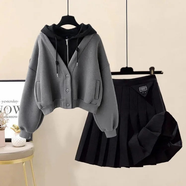 Preppy Pockets Hoodie Coat Pleated Skirt Two Piece Set