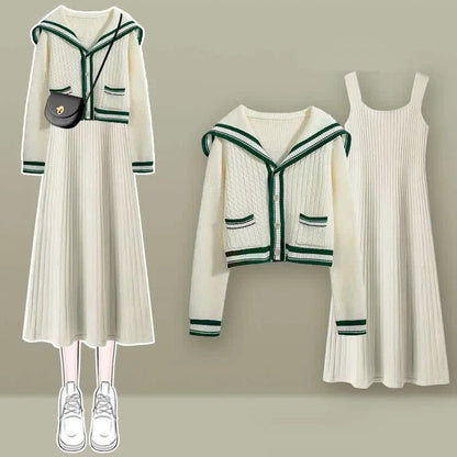 Sailor Collar Sweater Slip Dress Denim Skirt Two Piece Set