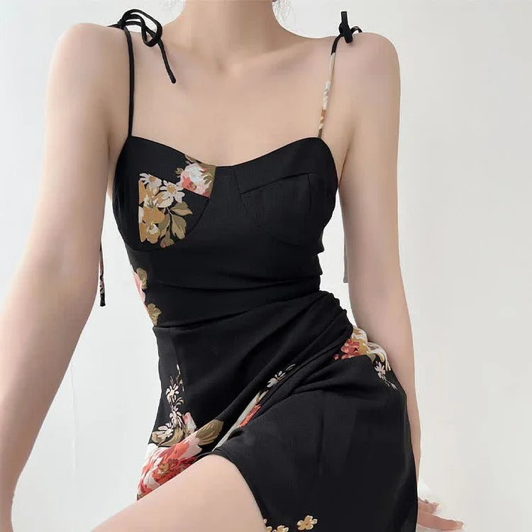 Captivating Vintage Floral Print Lace Up Split Slip Dress