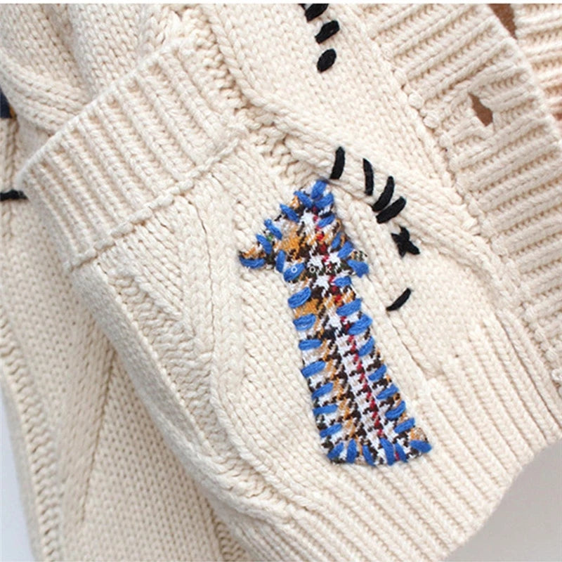 Graphic Letter Embroidery Knit Cardigan Sweater Slip Dress Two Piece Set